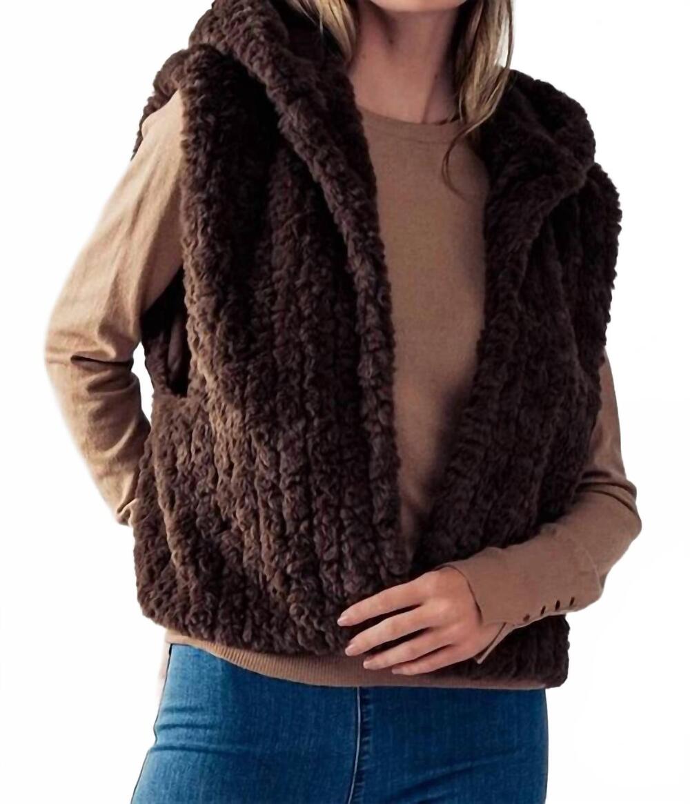 NEW TREND:NOTES sleeveless open front sherpa fleece vest with hoodie in brown